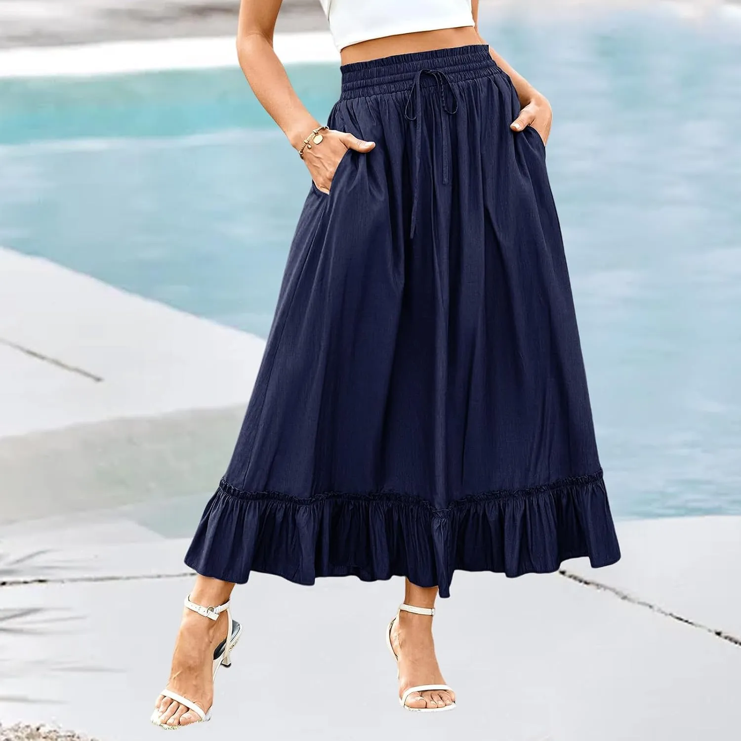 Maxi Skirts for Women 2025 Boho Tiered Elastic High Waisted Skirt Trendy Summer Pleated A-Line Flowy Skirts