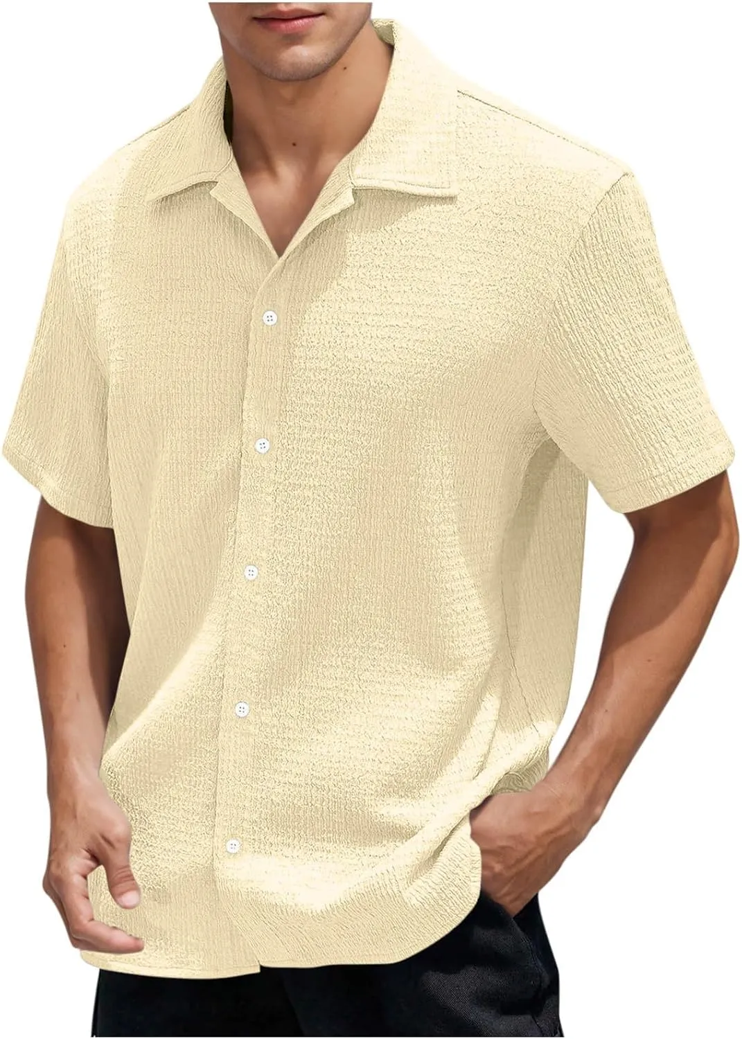 Men's Button Down Short Sleeve Shirts Dressy Casual Lapel Collar Textured Top Summer Beach Vacation Wedding Shirts