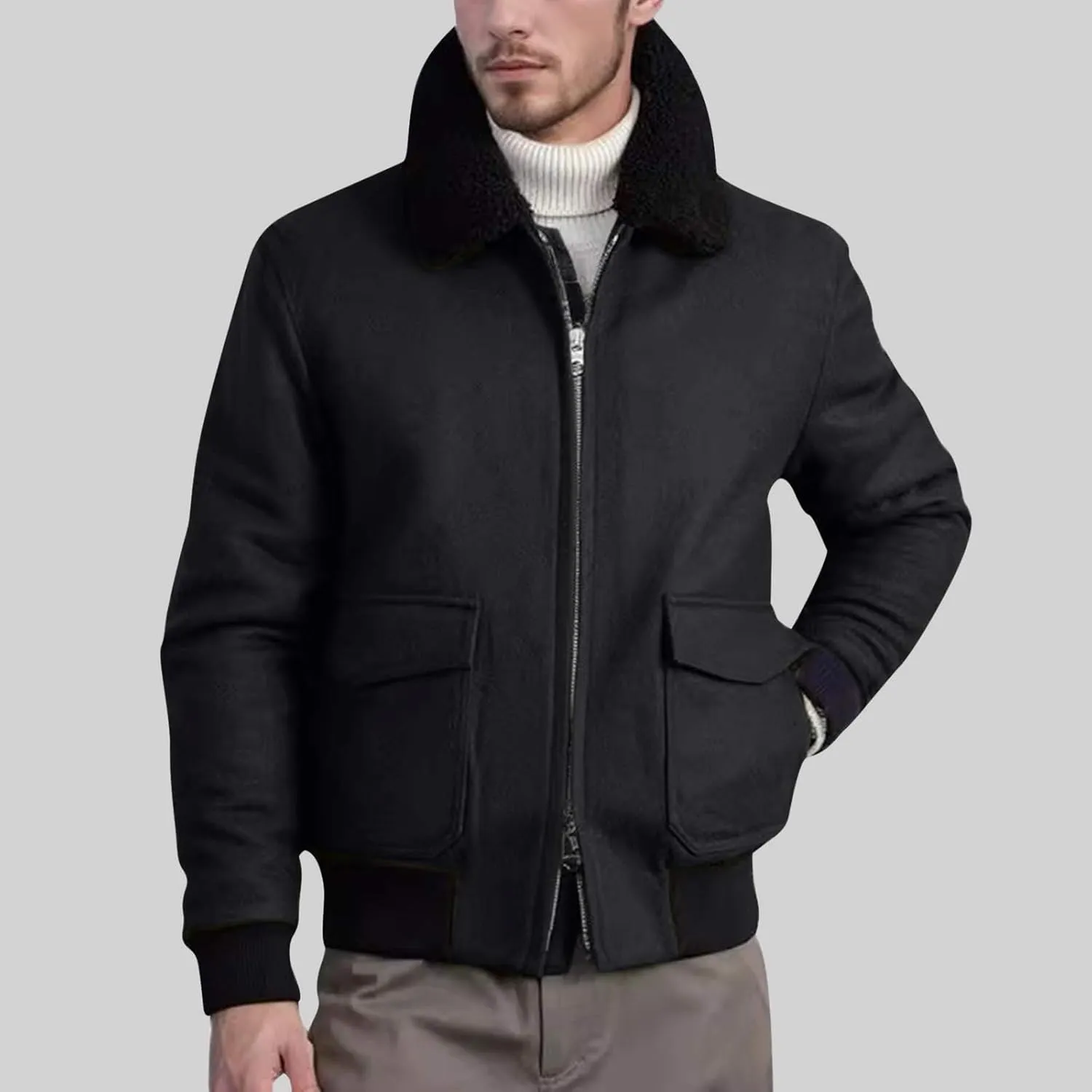Men's Shearling Sherpa Lined Trucker Bomber Jacket Outwear Full Zip Up Warm Winter Jacket Coats with Faux Fur Collar