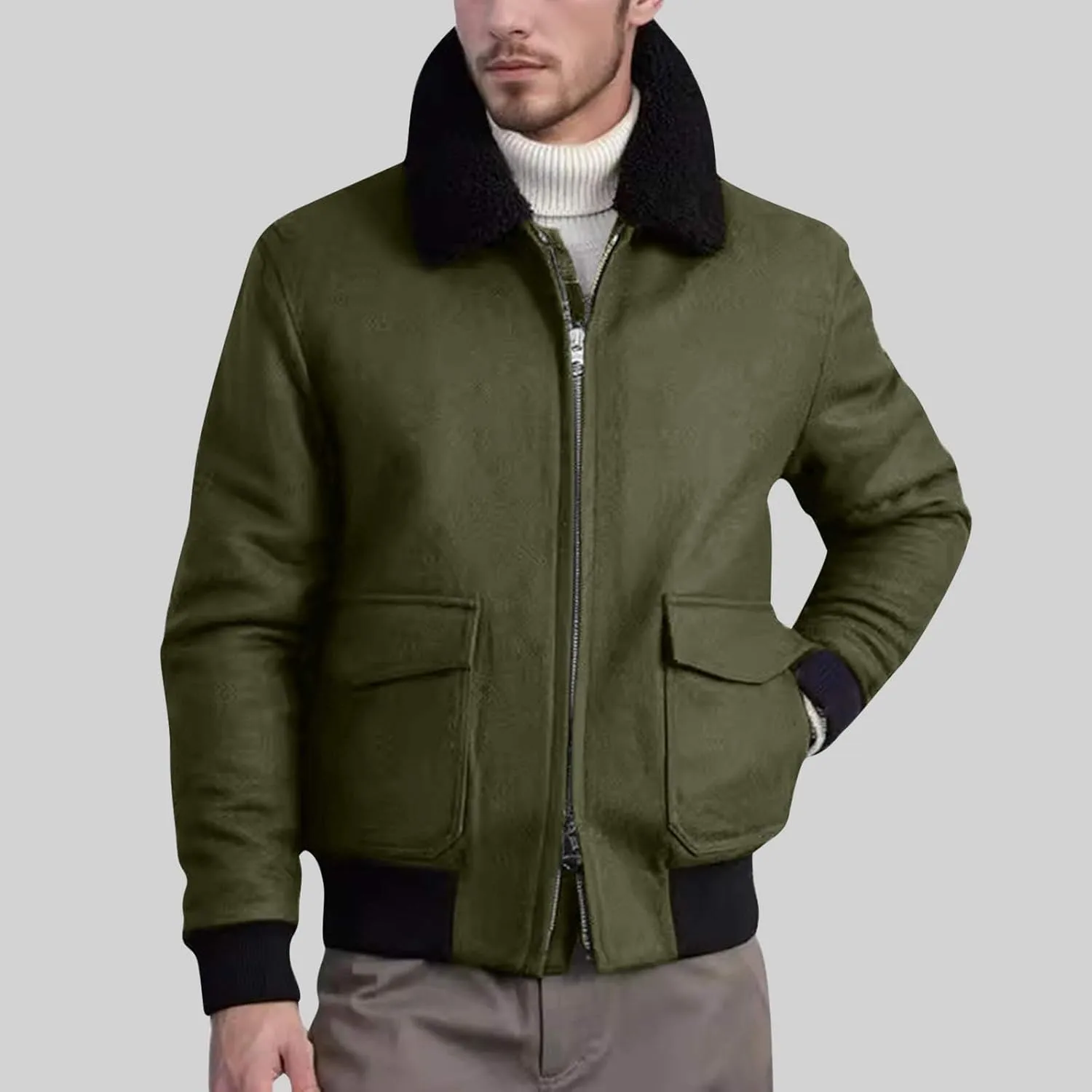 Men's Shearling Sherpa Lined Trucker Bomber Jacket Outwear Full Zip Up Warm Winter Jacket Coats with Faux Fur Collar