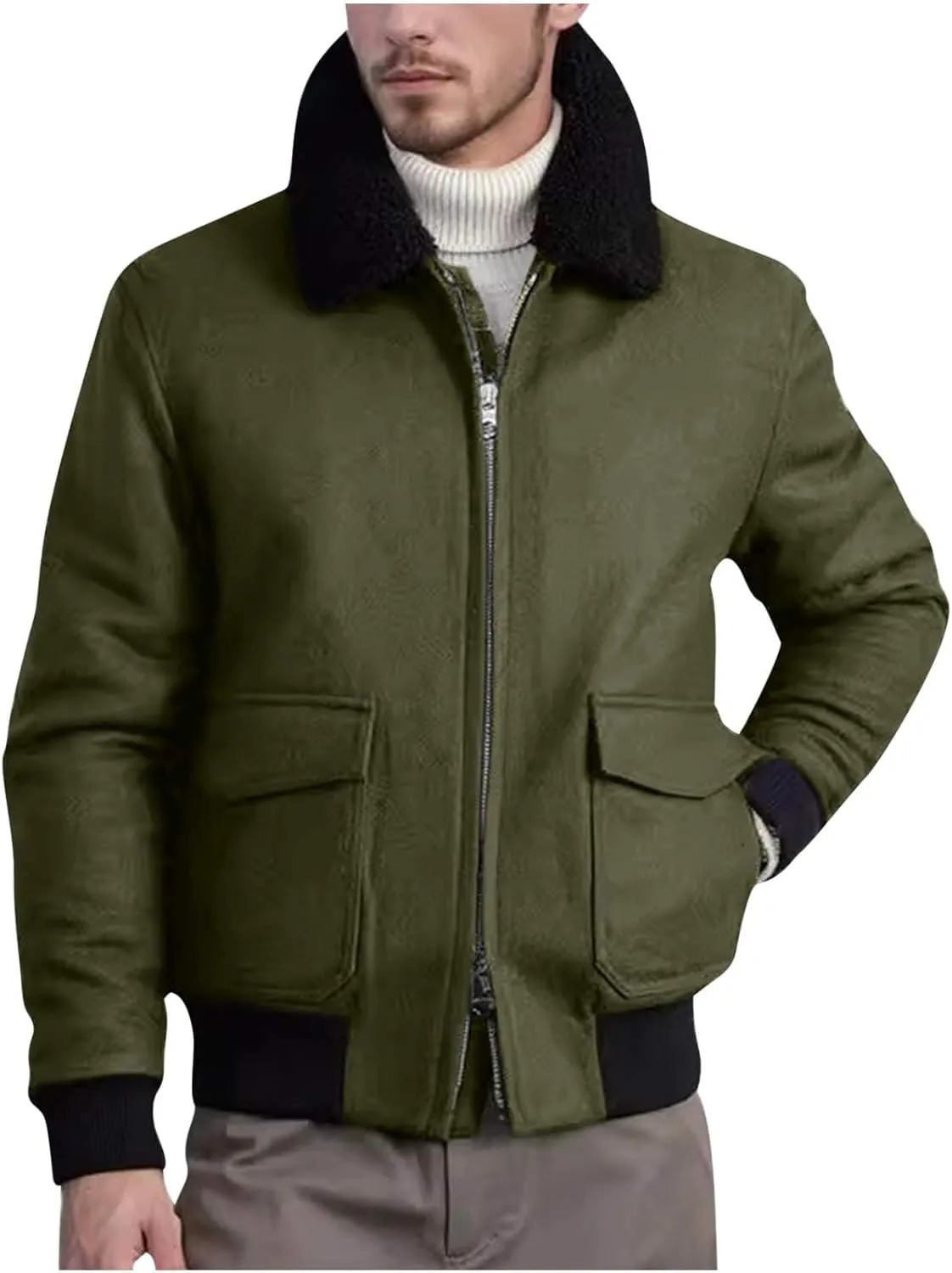 Men's Shearling Sherpa Lined Trucker Bomber Jacket Outwear Full Zip Up Warm Winter Jacket Coats with Faux Fur Collar