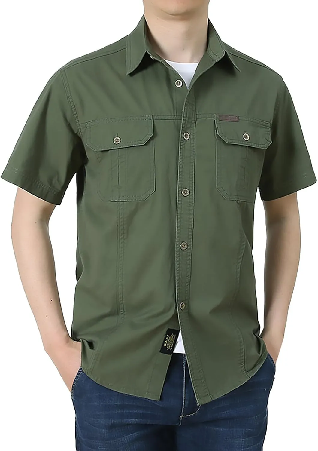 Miyaomn Tactical Cargo T-Shirts for Men Cotton Short Sleeve Button Down Ripstop Work Tops Slim Fit Hiking Travel Safari Shirt