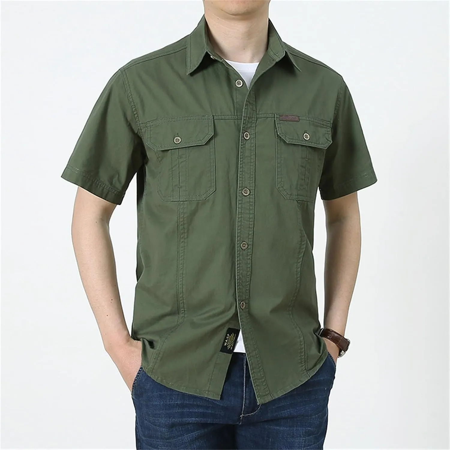 Miyaomn Tactical Cargo T-Shirts for Men Cotton Short Sleeve Button Down Ripstop Work Tops Slim Fit Hiking Travel Safari Shirt