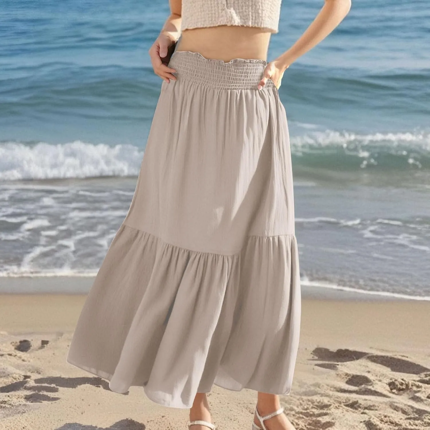 Pleated Long Skirts for Women Summer Casual Beach Vacation Elastic High Waisted Skirts A-Line Flowy Swing Maxi Skirt
