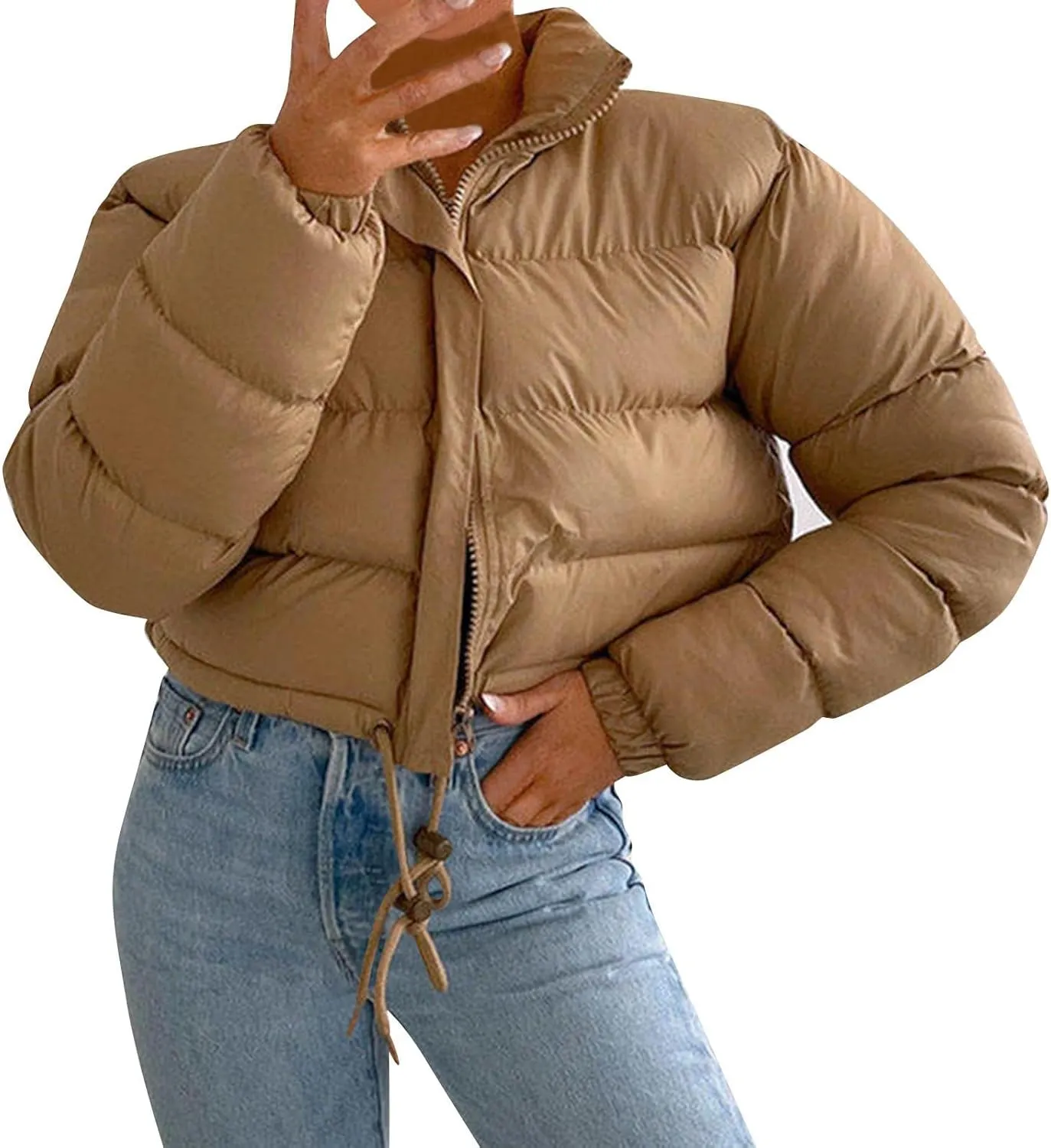 Puffer Jacket for Women Long Sleeve High Neck Full Zip Up Plain Short Down Coat Stand-up Collar Drawstring Autumn Windproof