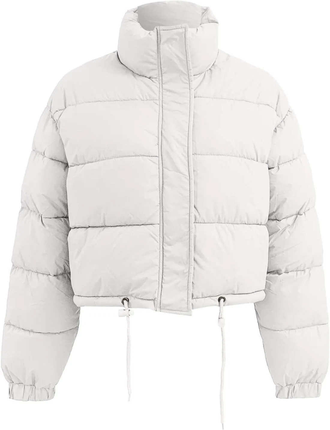 Puffer Jacket for Women Long Sleeve High Neck Full Zip Up Plain Short Down Coat Stand-up Collar Drawstring Autumn Windproof