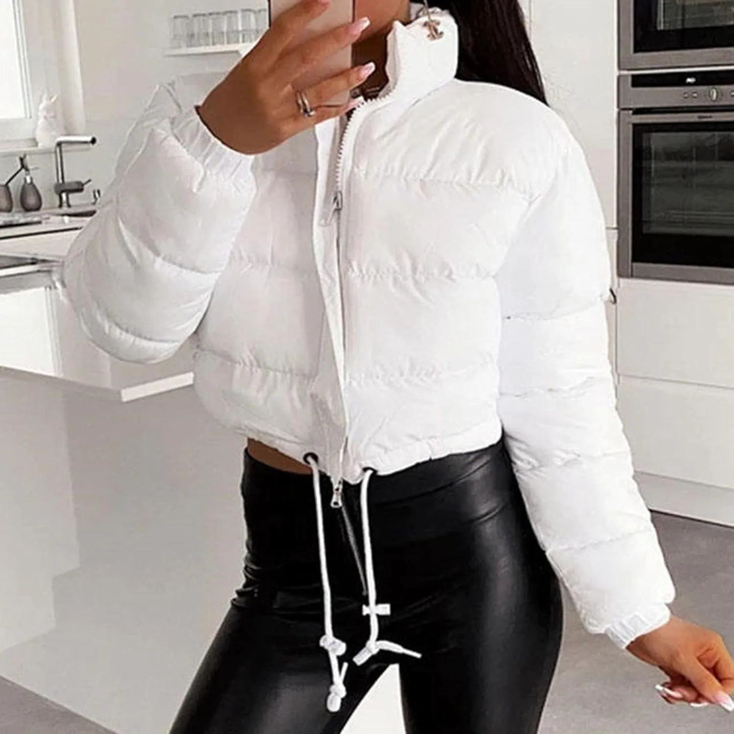 Puffer Jacket for Women Long Sleeve High Neck Full Zip Up Plain Short Down Coat Stand-up Collar Drawstring Autumn Windproof