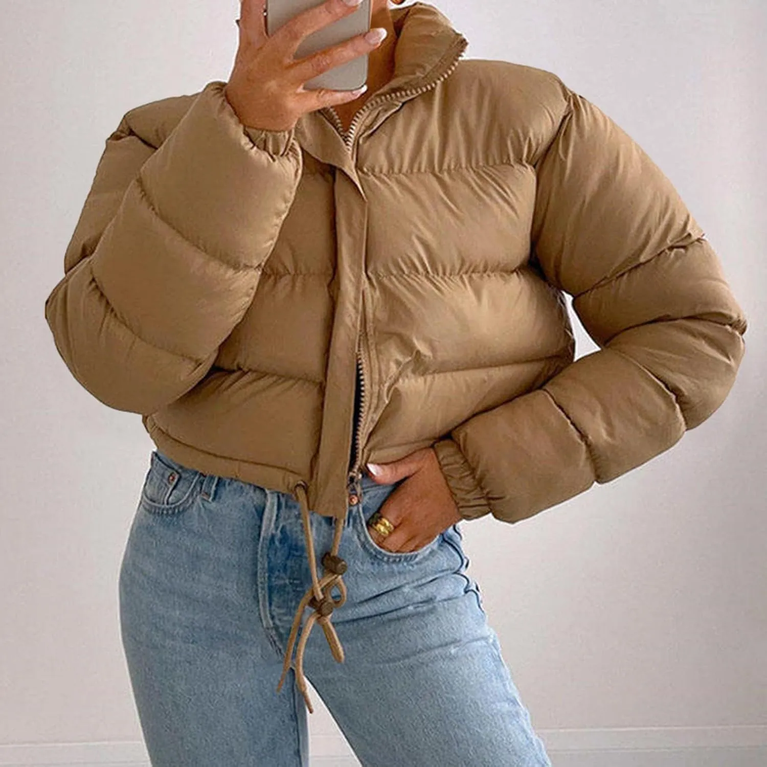 Puffer Jacket for Women Long Sleeve High Neck Full Zip Up Plain Short Down Coat Stand-up Collar Drawstring Autumn Windproof