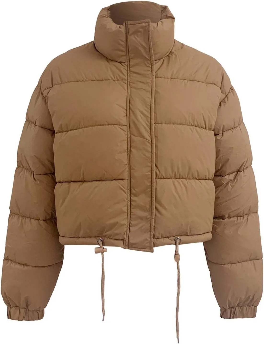 Puffer Jacket for Women Long Sleeve High Neck Full Zip Up Plain Short Down Coat Stand-up Collar Drawstring Autumn Windproof
