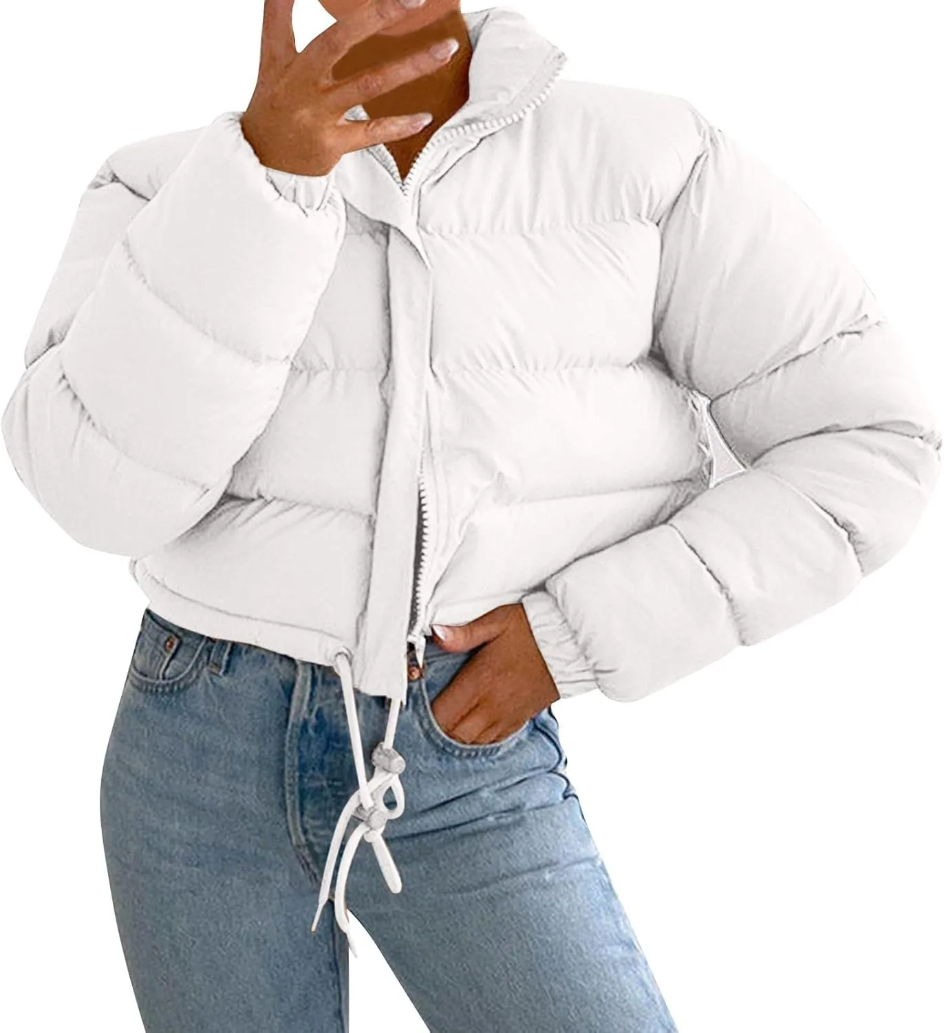 Puffer Jacket for Women Long Sleeve High Neck Full Zip Up Plain Short Down Coat Stand-up Collar Drawstring Autumn Windproof