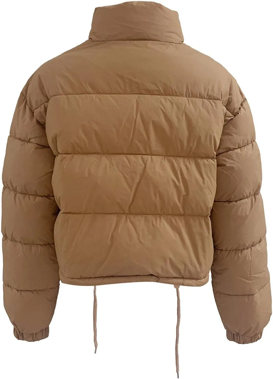 Puffer Jacket for Women Long Sleeve High Neck Full Zip Up Plain Short Down Coat Stand-up Collar Drawstring Autumn Windproof