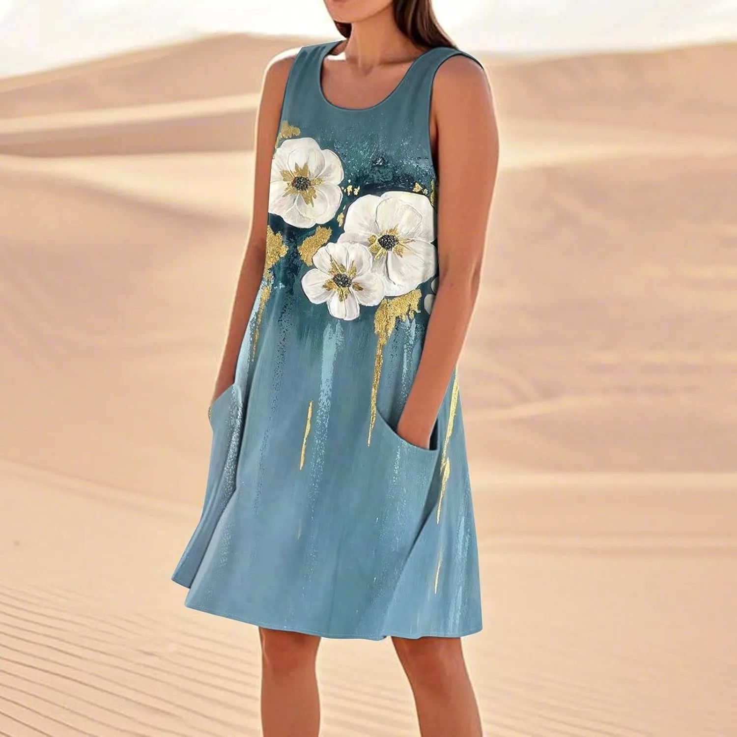 Summer Dresses for Women 2025 Round Neck Short Sleeve Cotton Linen Dress Beach Vacation Sundresses with Pockets