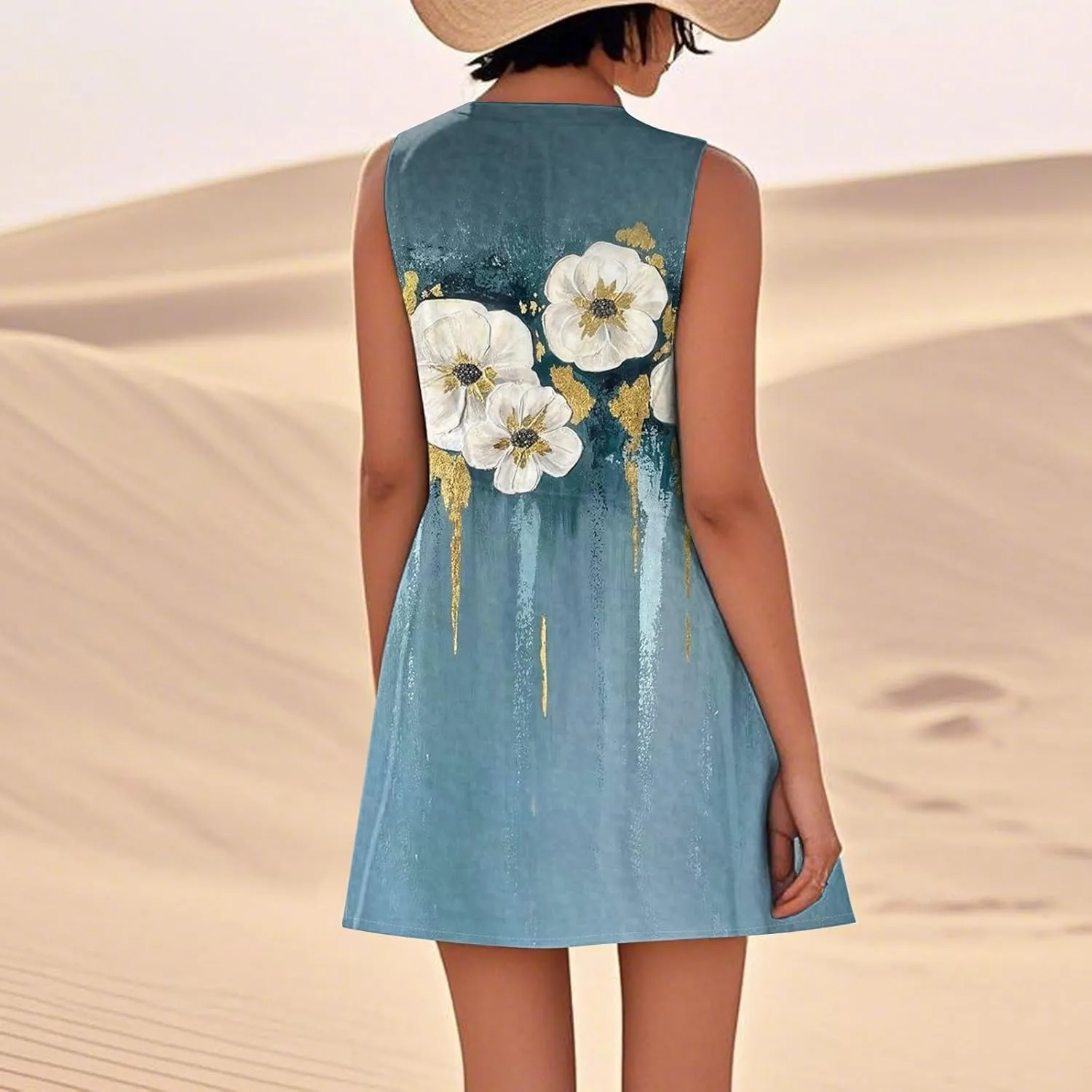 Summer Dresses for Women 2025 Round Neck Short Sleeve Cotton Linen Dress Beach Vacation Sundresses with Pockets