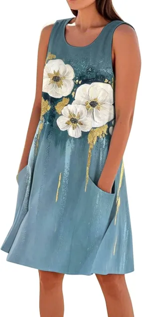 Summer Dresses for Women 2025 Round Neck Short Sleeve Cotton Linen Dress Beach Vacation Sundresses with Pockets