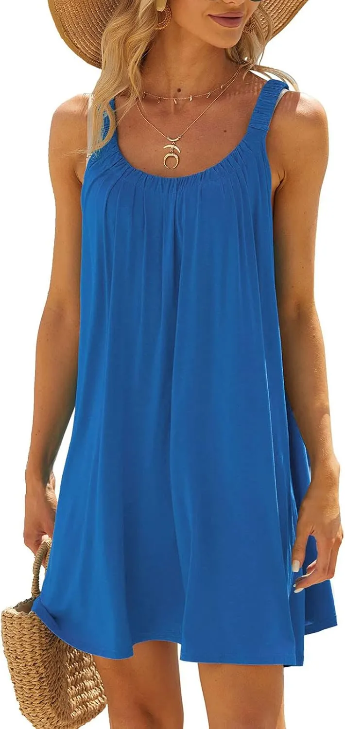 Summer Dresses for Women Casual Sleeveless Fashion Solid Color Dress Loose Round Neck Pleated Vacation Sundress