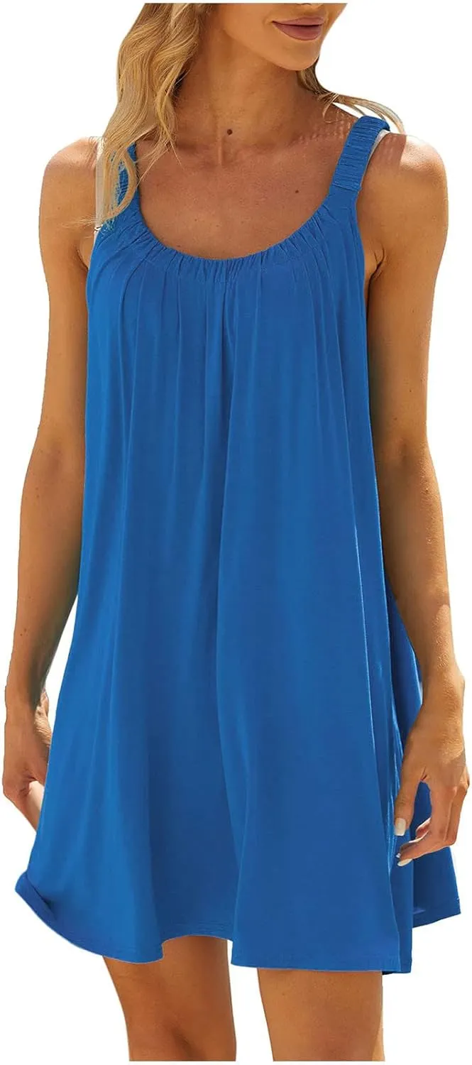 Summer Dresses for Women Casual Sleeveless Fashion Solid Color Dress Loose Round Neck Pleated Vacation Sundress