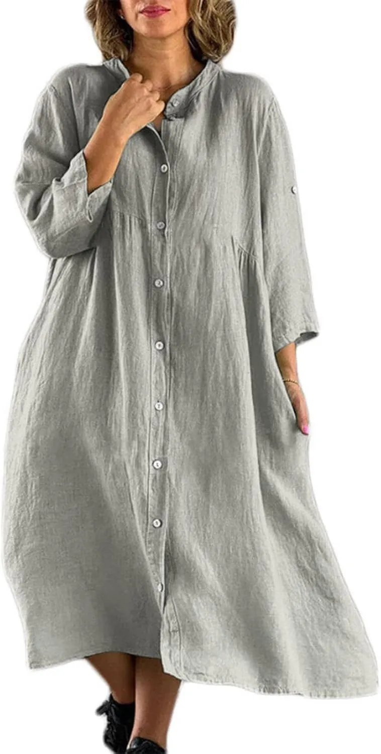 Summer Shirt Dresses Knee Length for Women 2025 Linen Casual Loose 3/4 Rolled-Up Sleeve Button Down Shirts Maxi Dress