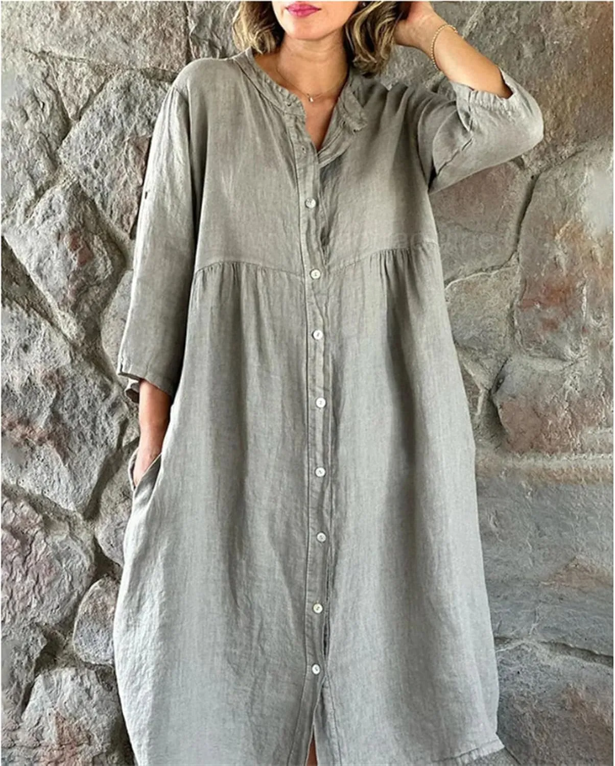 Summer Shirt Dresses Knee Length for Women 2025 Linen Casual Loose 3/4 Rolled-Up Sleeve Button Down Shirts Maxi Dress
