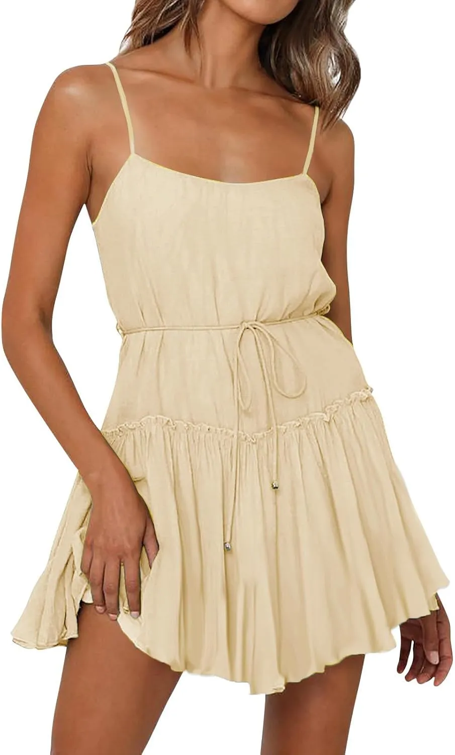 Sun dresseses for Women 2024 Trendy Spaghetti Strap Summer Tiered Flowy Mini Dress Sleeveless Beach Vacation Dresses