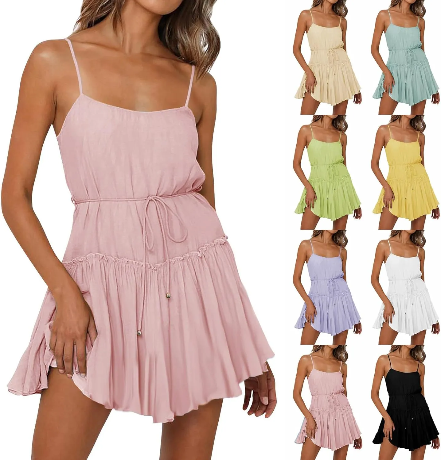 Sun dresseses for Women 2024 Trendy Spaghetti Strap Summer Tiered Flowy Mini Dress Sleeveless Beach Vacation Dresses