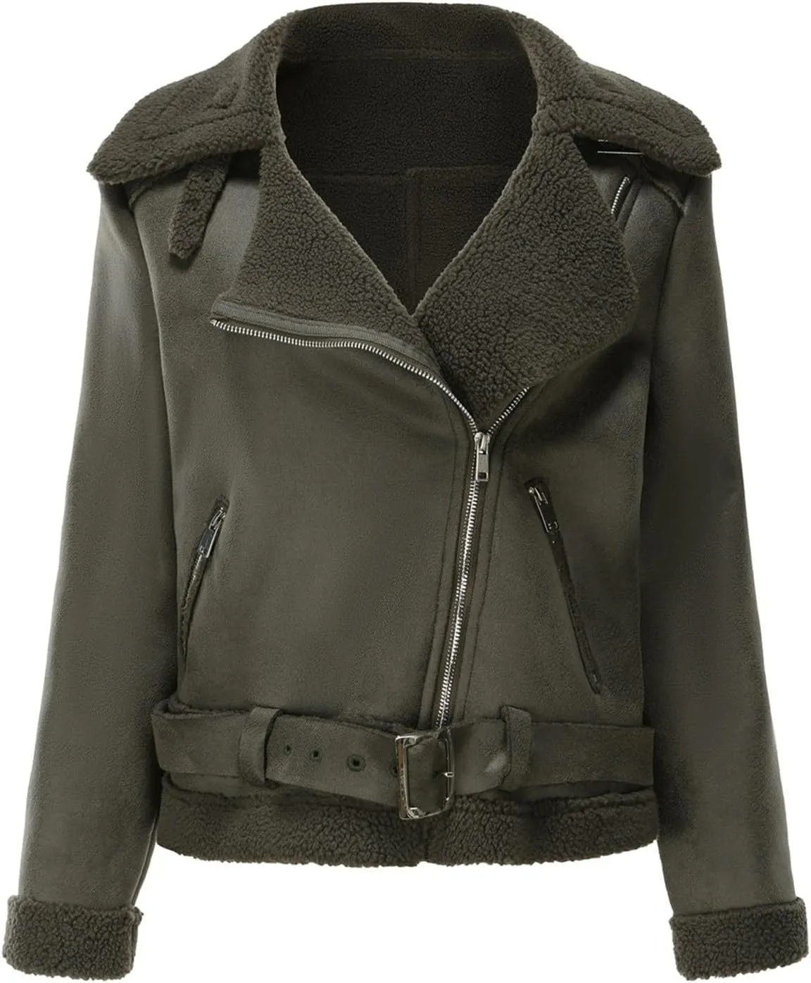 Uillui Women Fashion Sherpa Bomber Jacket Winter Lamb Wool Fleece Lined Thicken Trucker Jacket Fur in One Thermal Suede Coat