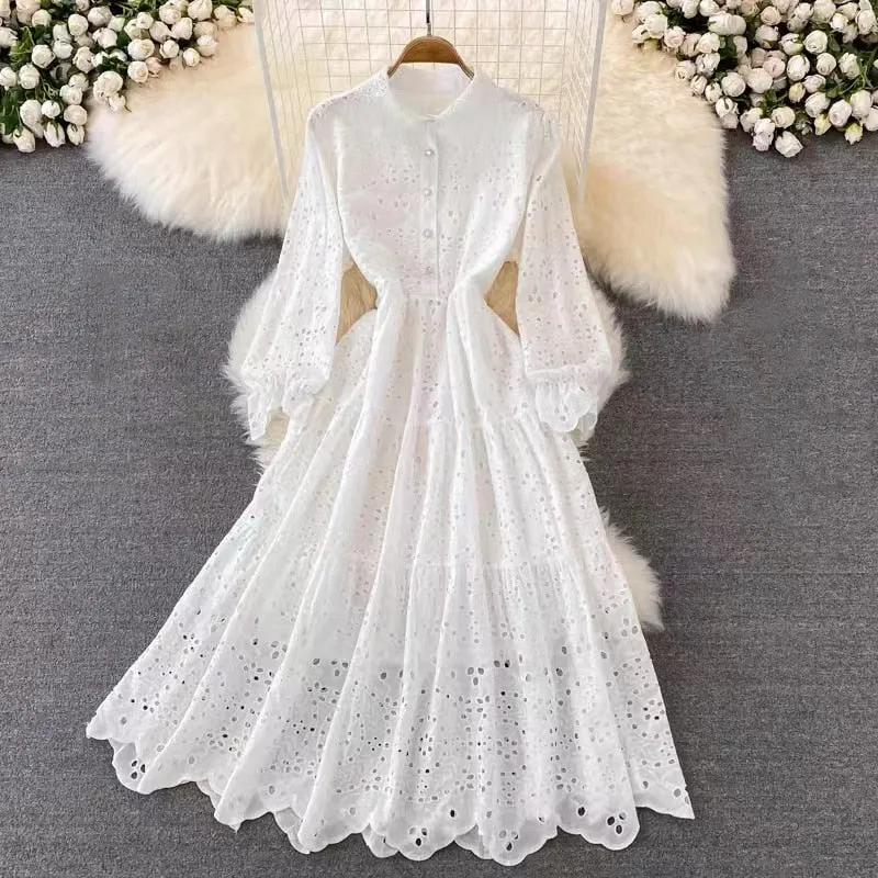 Vintage Elegant Women Summer Embroidery Hollow Out Midi Long Elegant Dresses Lady Boho A Line Vestidos Elbise Frocks Vestidos Za
