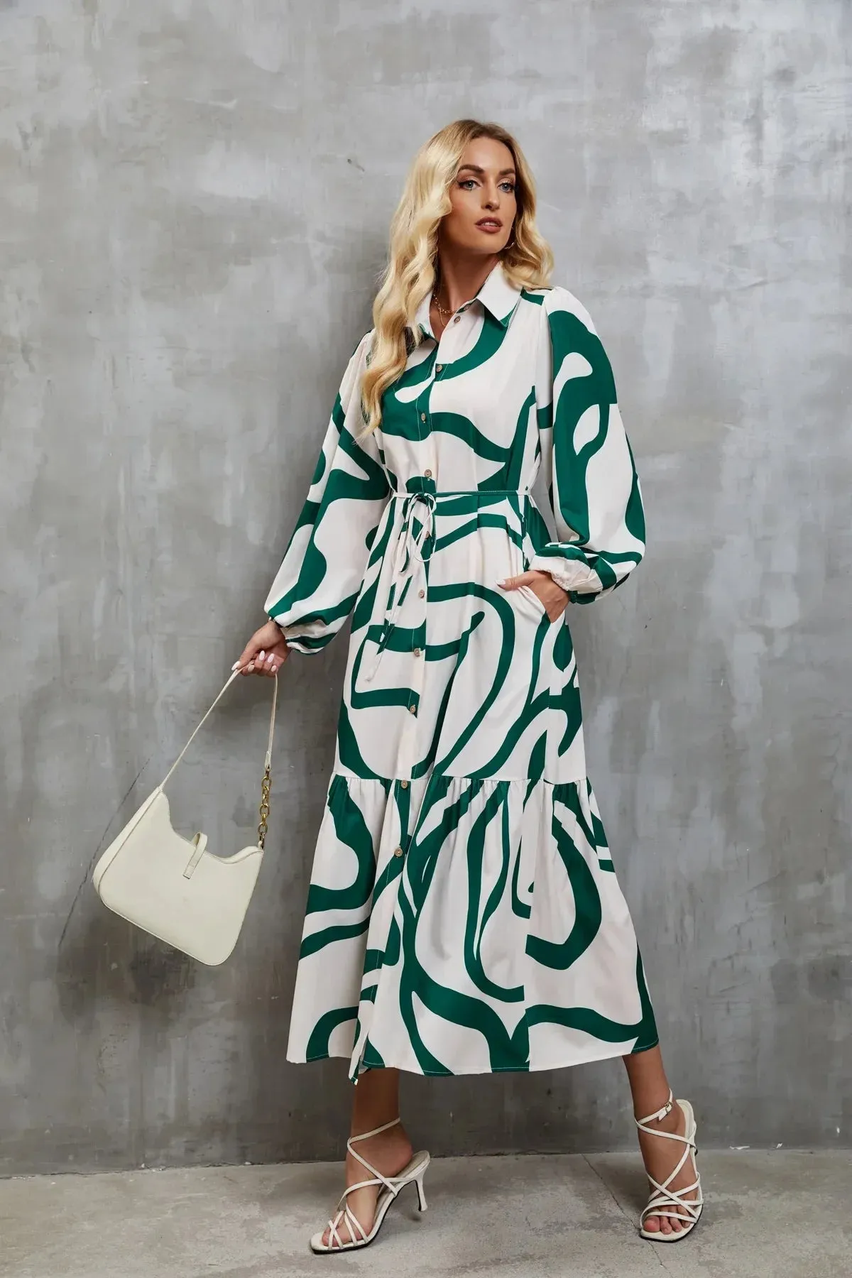 Women Streetwear Long Autumn Fashion A-line Printed Casual Loose Lace-Up Maxi Dress