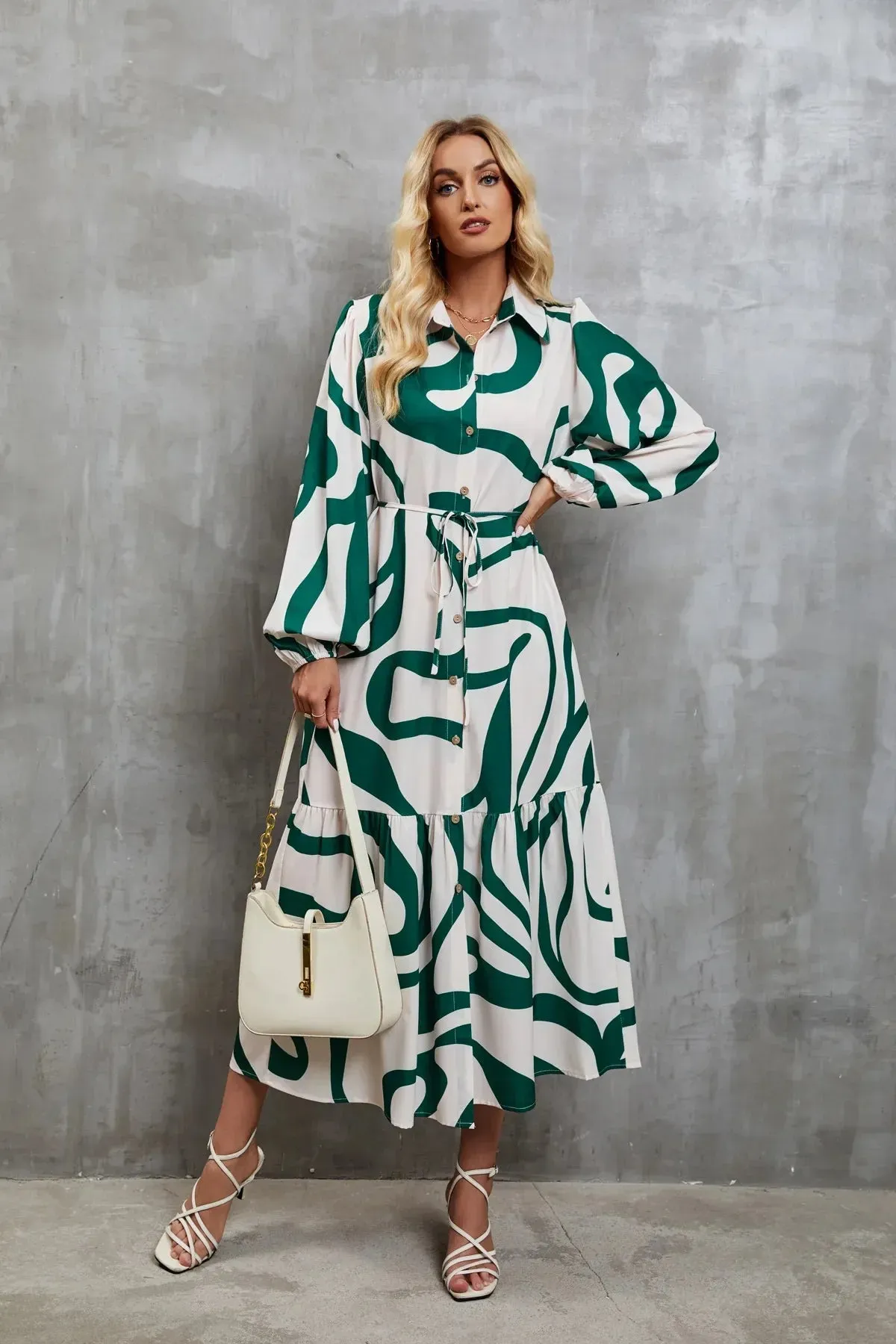 Women Streetwear Long Autumn Fashion A-line Printed Casual Loose Lace-Up Maxi Dress