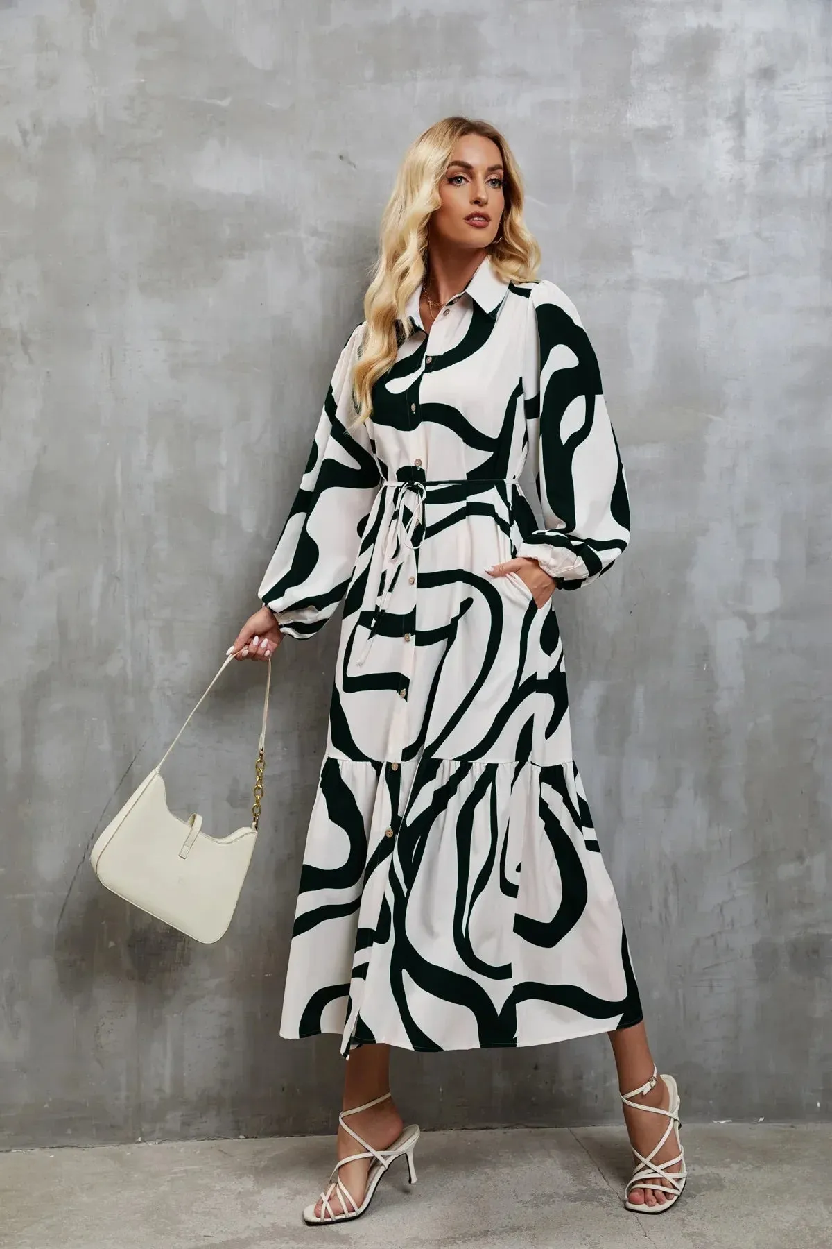 Women Streetwear Long Autumn Fashion A-line Printed Casual Loose Lace-Up Maxi Dress