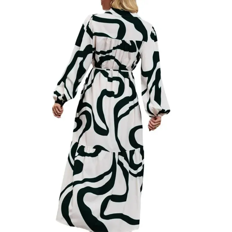 Women Streetwear Long Autumn Fashion A-line Printed Casual Loose Lace-Up Maxi Dress