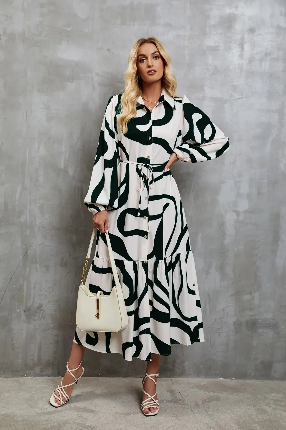 Women Streetwear Long Autumn Fashion A-line Printed Casual Loose Lace-Up Maxi Dress