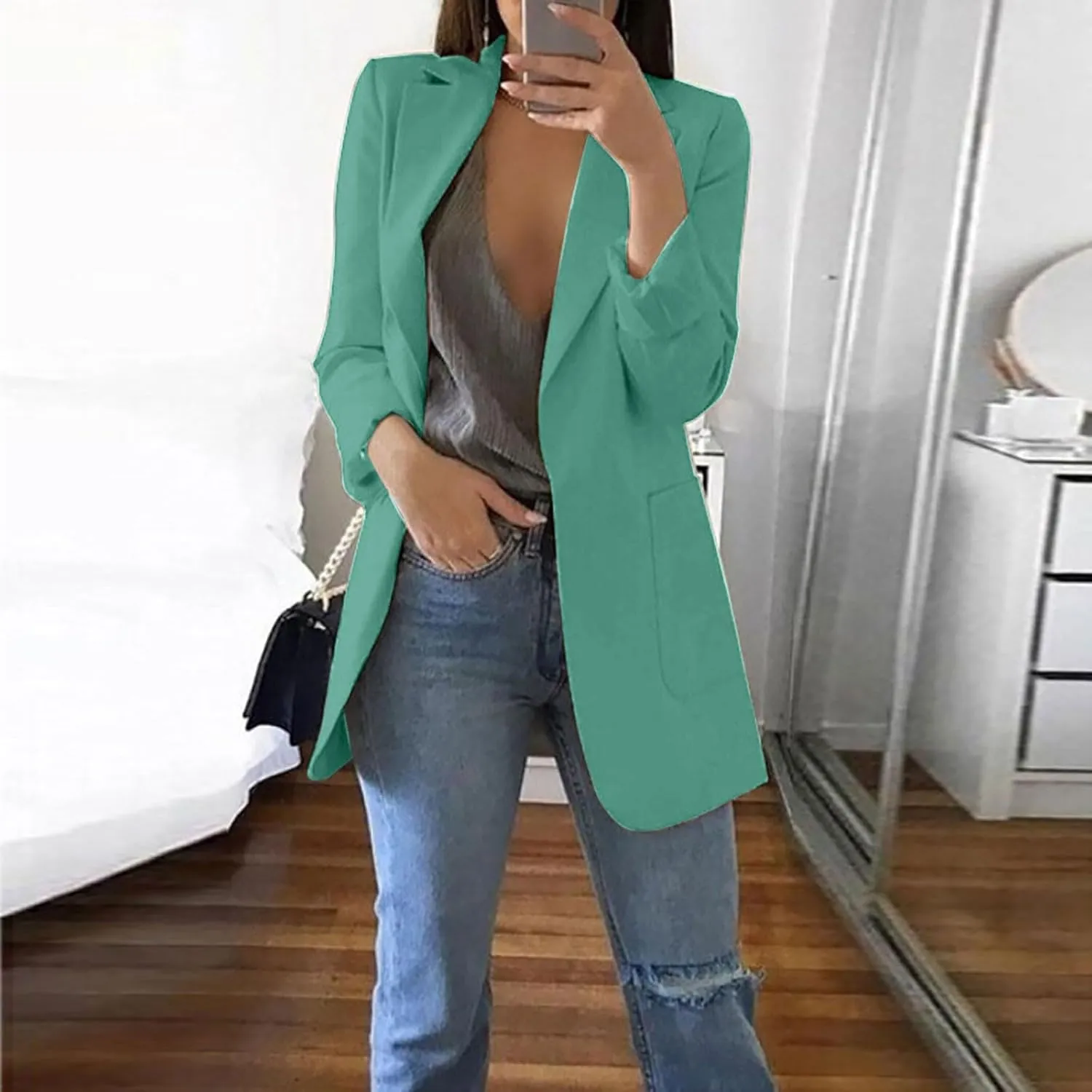 Womens 2024 Trendy Casual Blazers Open Front Long Sleeve Cardigan Work Office Suit Jacket Printed Blazer with Pocket