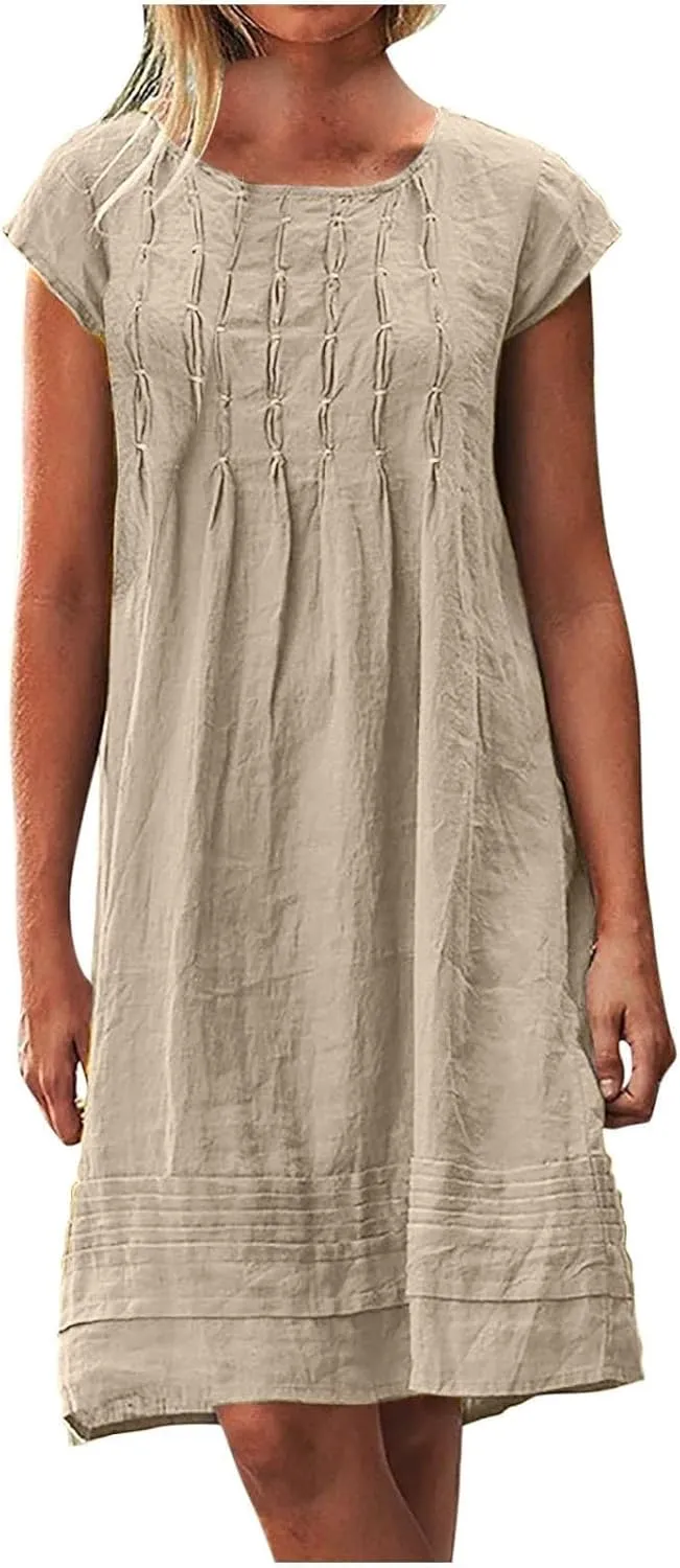 Women's 2025 Cotton Linen Midi Dress Plus Size Cap Sleeve Pleated Summer Dresses Vacation Crew Neck Casual Dress