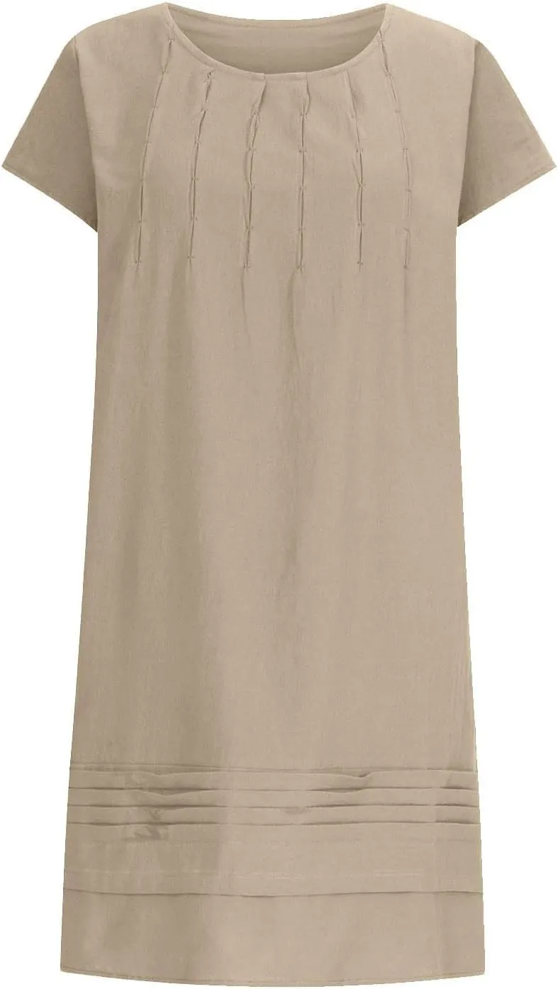 Women's 2025 Cotton Linen Midi Dress Plus Size Cap Sleeve Pleated Summer Dresses Vacation Crew Neck Casual Dress