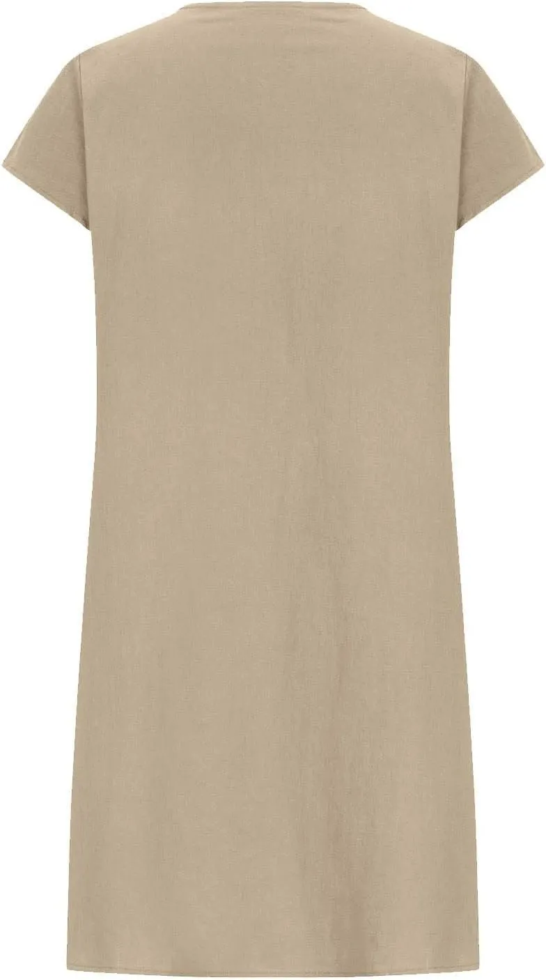 Women's 2025 Cotton Linen Midi Dress Plus Size Cap Sleeve Pleated Summer Dresses Vacation Crew Neck Casual Dress