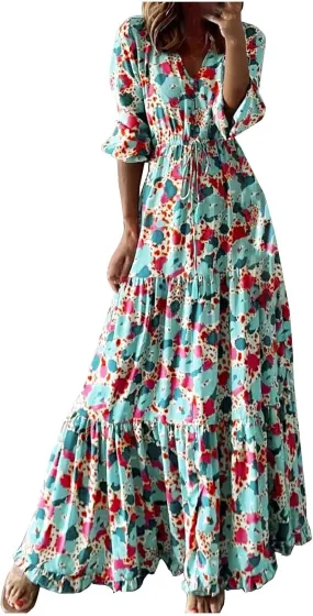 Womens 3/4 Sleeve Casual Boho A-Line Dress Frill Trim V Neck Maxi Dress Plus Size Fashion High Waist Beach Dresses