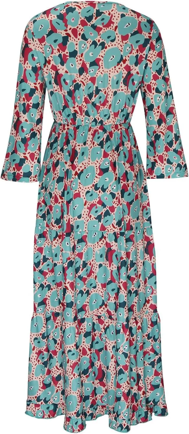 Womens 3/4 Sleeve Casual Boho A-Line Dress Frill Trim V Neck Maxi Dress Plus Size Fashion High Waist Beach Dresses