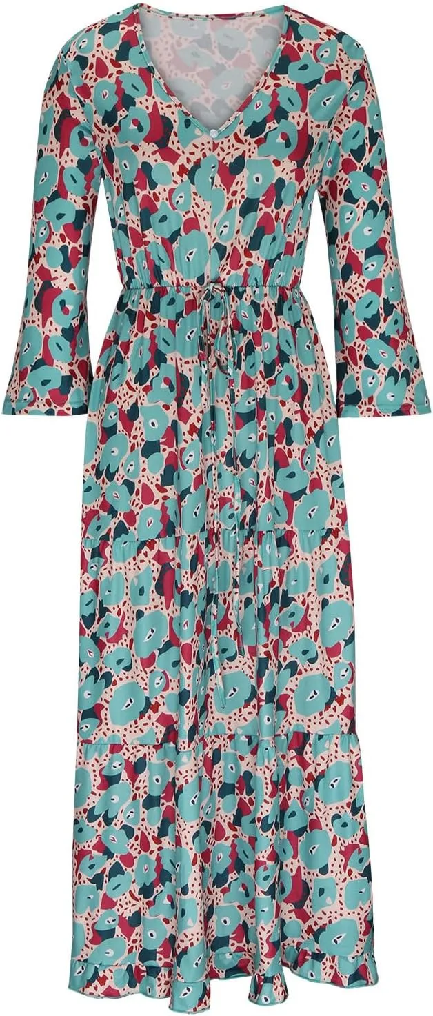 Womens 3/4 Sleeve Casual Boho A-Line Dress Frill Trim V Neck Maxi Dress Plus Size Fashion High Waist Beach Dresses