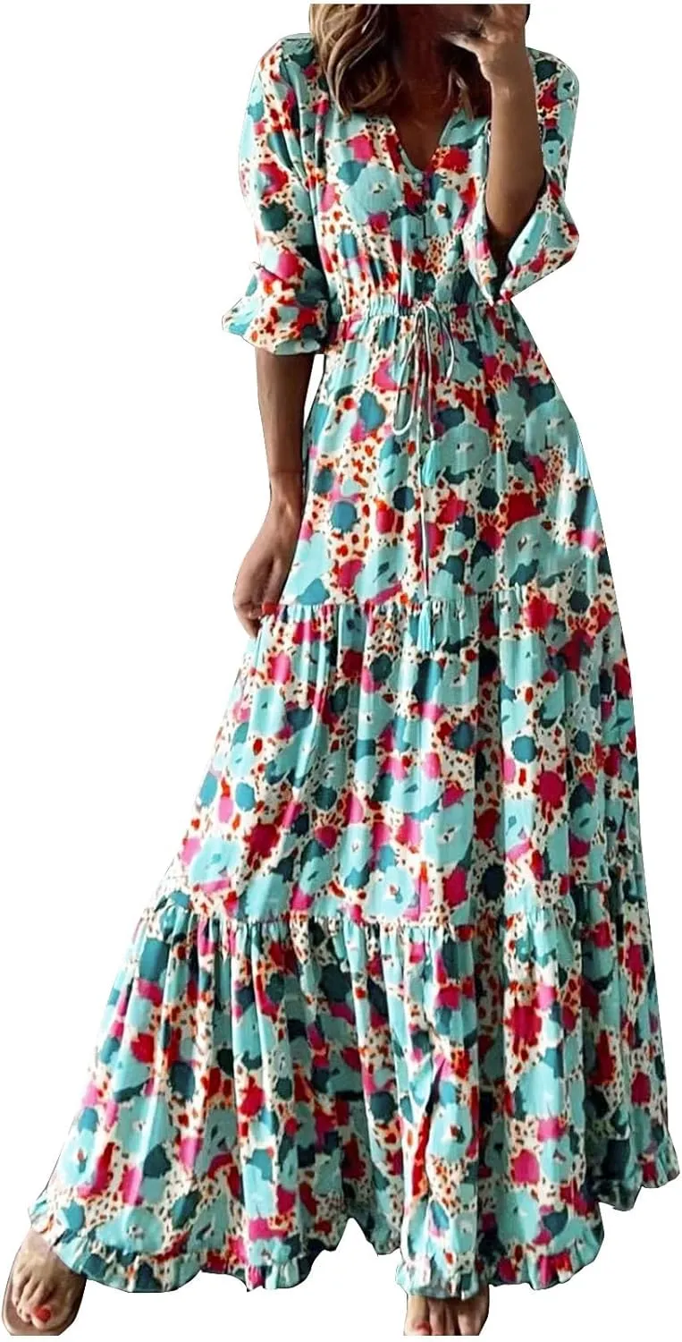 Womens 3/4 Sleeve Casual Boho A-Line Dress Frill Trim V Neck Maxi Dress Plus Size Fashion High Waist Beach Dresses