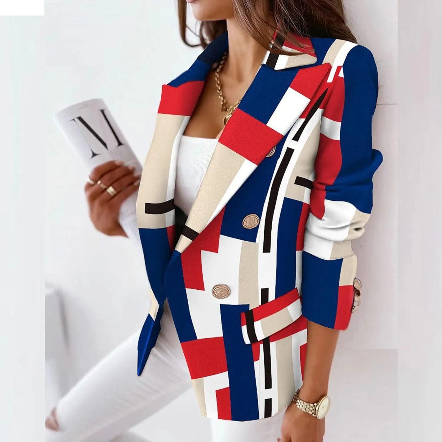 Womens Casual Blazer Jacket Long Sleeve Work 0ffice Blazer Chain Print Button Front Lapel Jackets Business Outerwear
