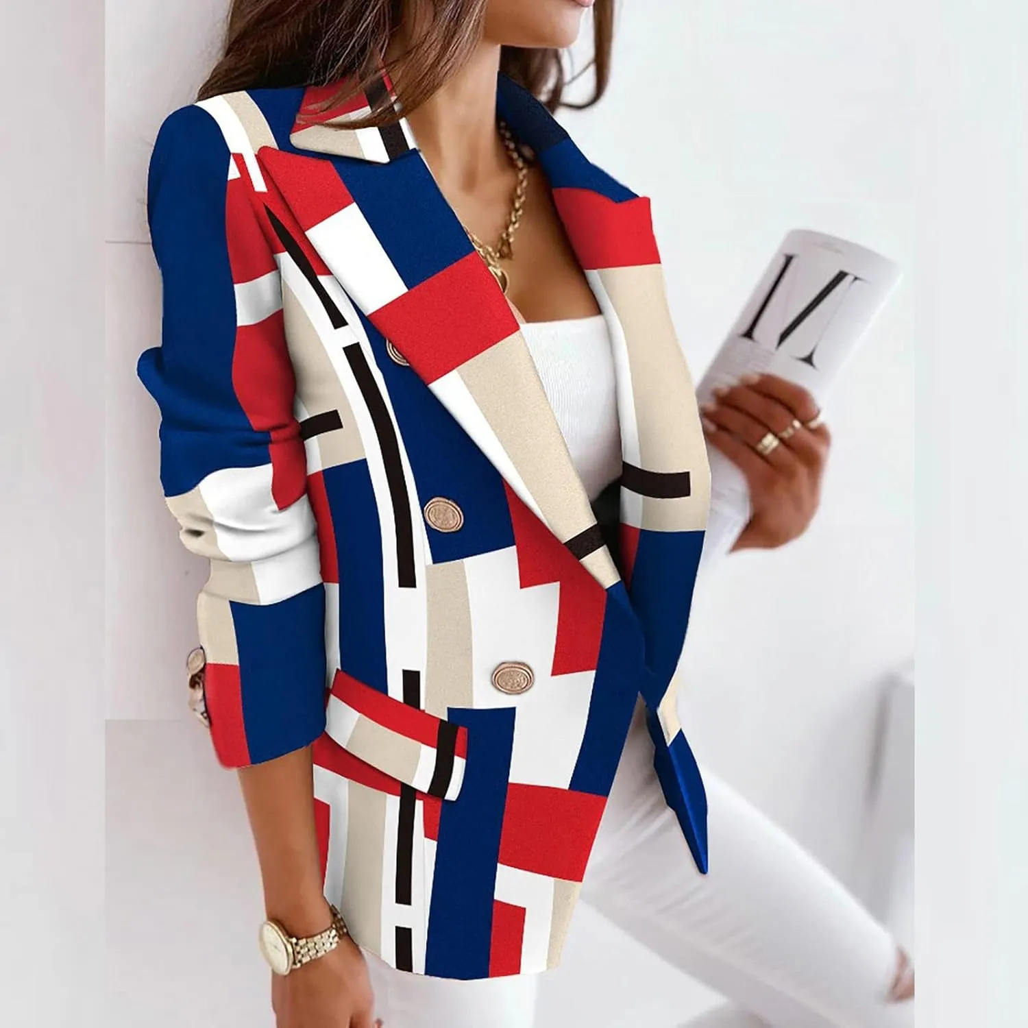 Womens Casual Blazer Jacket Long Sleeve Work 0ffice Blazer Chain Print Button Front Lapel Jackets Business Outerwear
