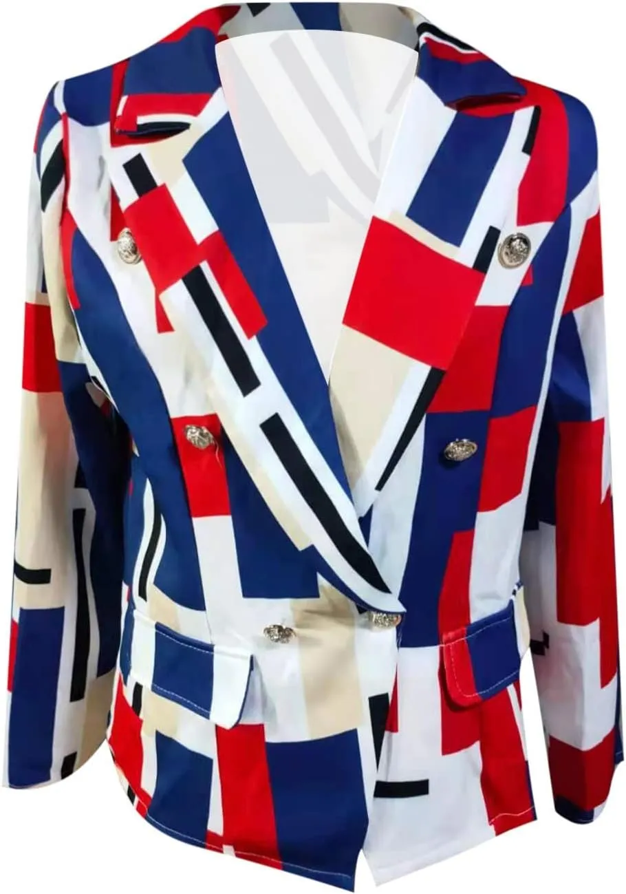 Womens Casual Blazer Jacket Long Sleeve Work 0ffice Blazer Chain Print Button Front Lapel Jackets Business Outerwear
