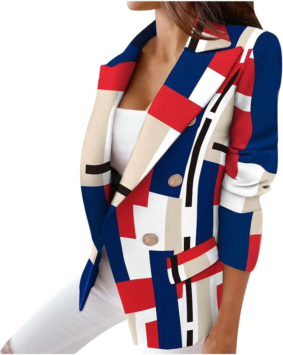 Womens Casual Blazer Jacket Long Sleeve Work 0ffice Blazer Chain Print Button Front Lapel Jackets Business Outerwear