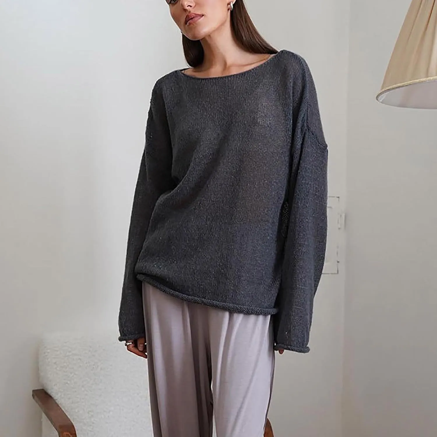 Women's Crochet Sweater Long Sleeve Hollow out Oversized Sweater Sheer Mesh Knit Sweater Lightweight Pullover Sweater