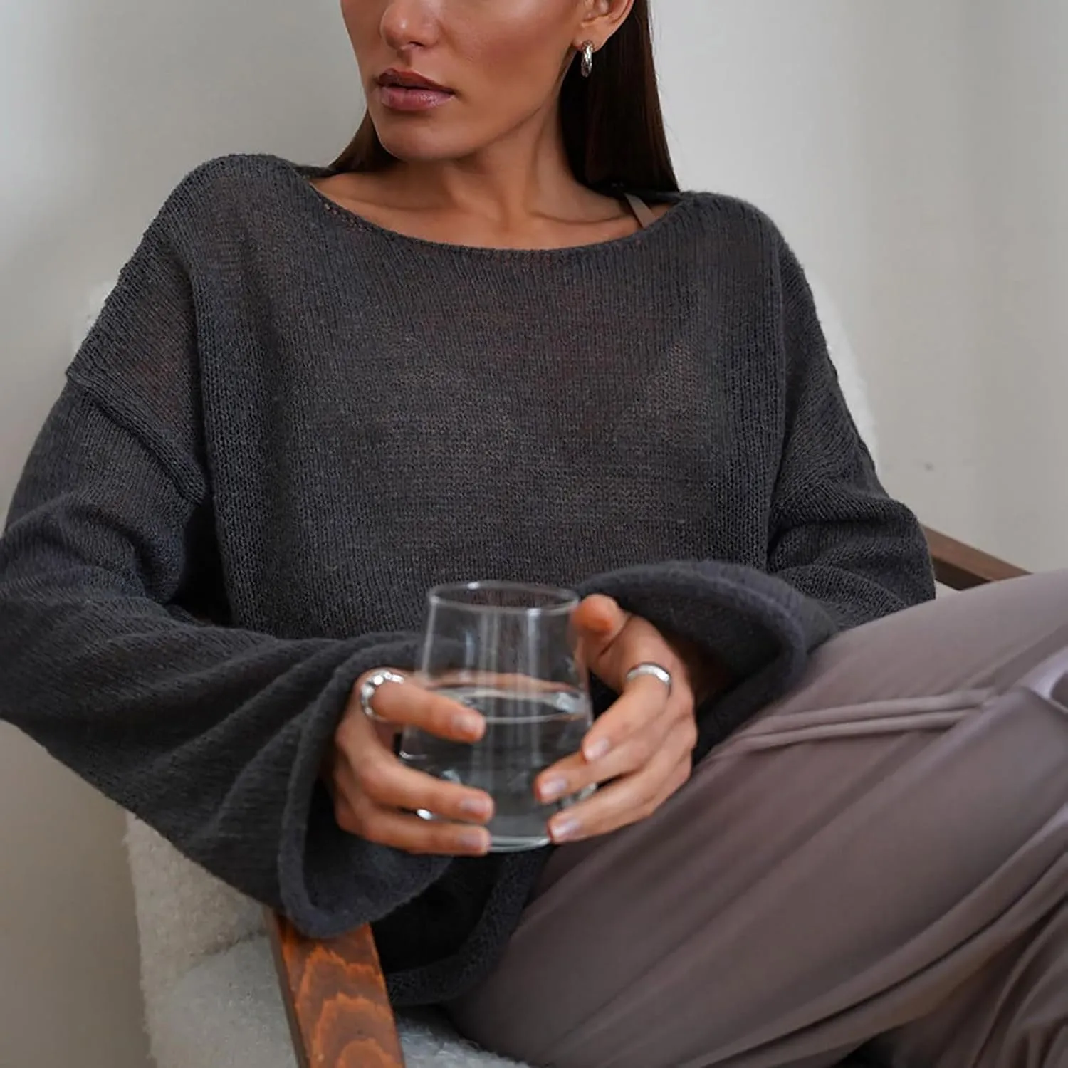 Women's Crochet Sweater Long Sleeve Hollow out Oversized Sweater Sheer Mesh Knit Sweater Lightweight Pullover Sweater