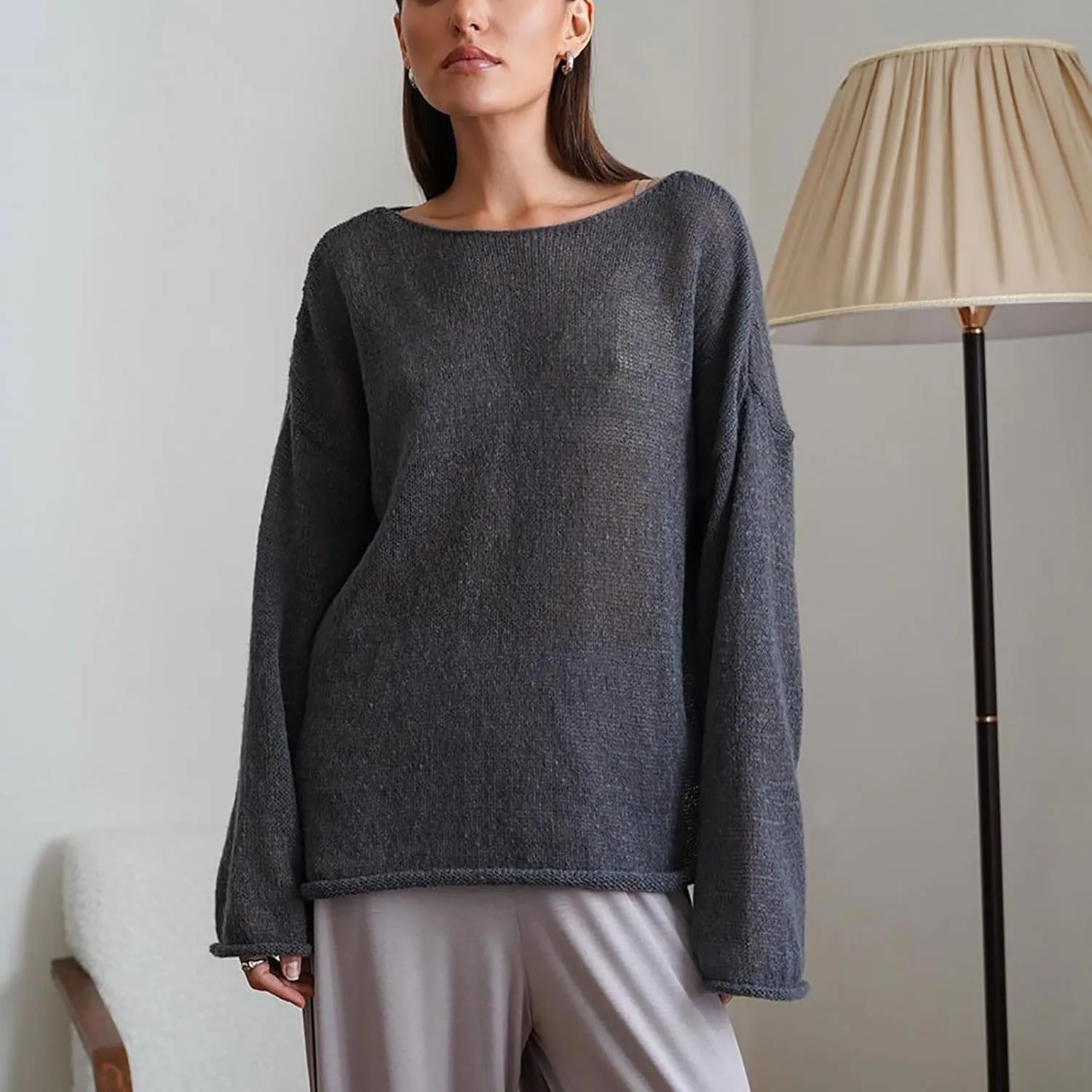 Women's Crochet Sweater Long Sleeve Hollow out Oversized Sweater Sheer Mesh Knit Sweater Lightweight Pullover Sweater