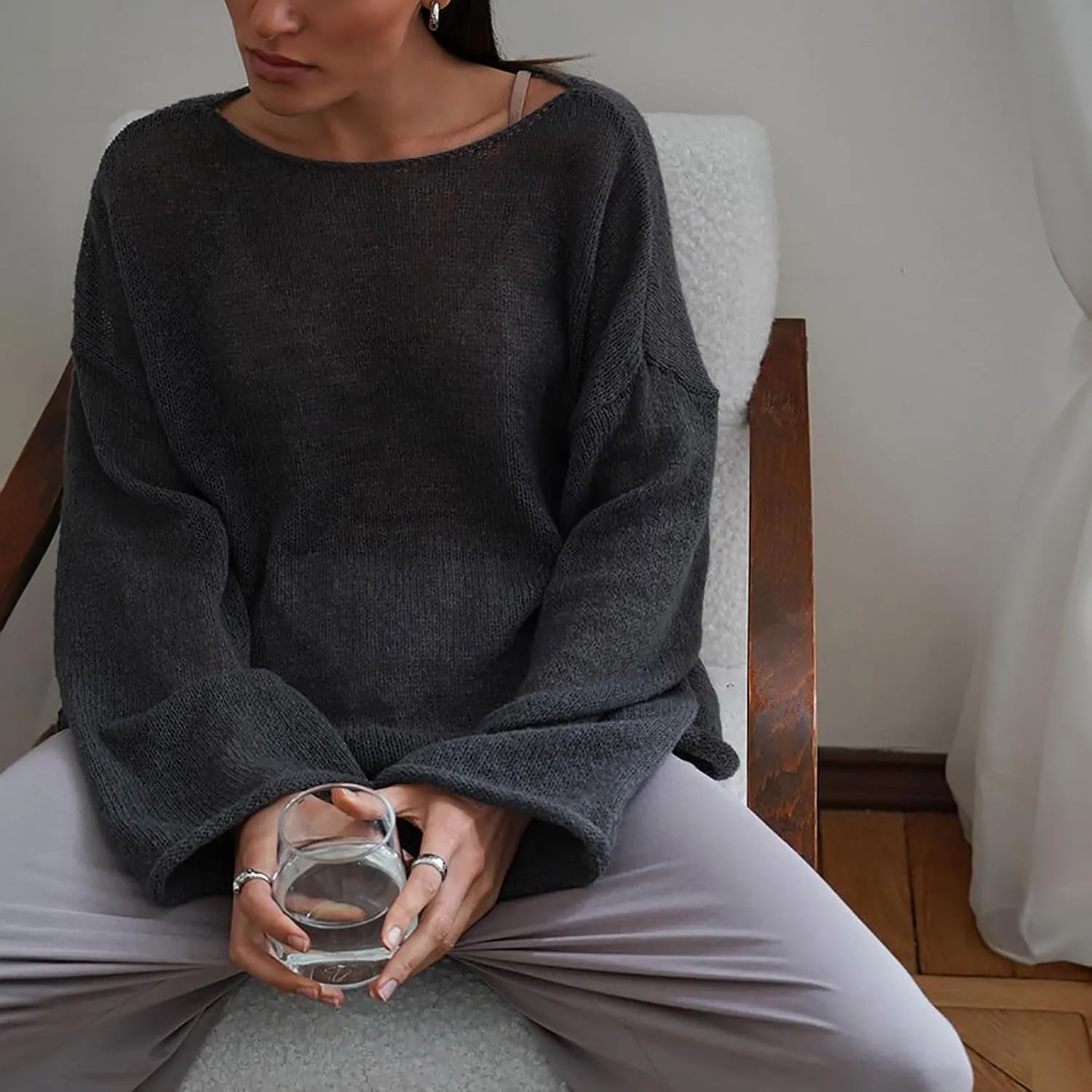 Women's Crochet Sweater Long Sleeve Hollow out Oversized Sweater Sheer Mesh Knit Sweater Lightweight Pullover Sweater