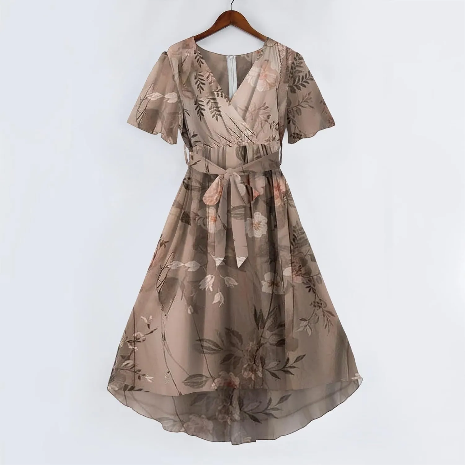 Womens Dresses Chiffon Waist Tie Floral Print Short Sleeve Sexy Party Beach Midi Dress