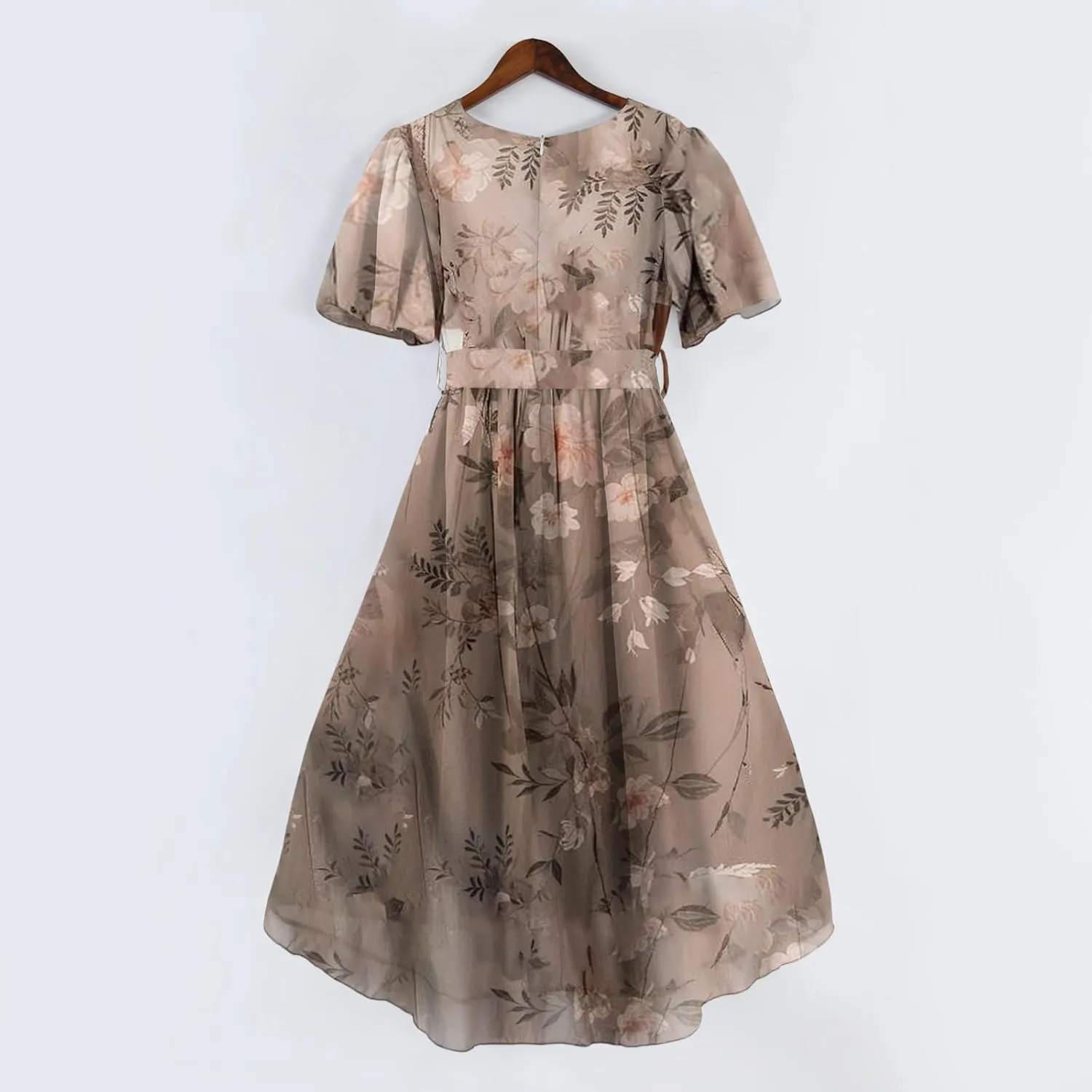 Womens Dresses Chiffon Waist Tie Floral Print Short Sleeve Sexy Party Beach Midi Dress