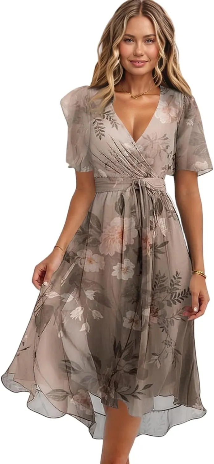 Womens Dresses Chiffon Waist Tie Floral Print Short Sleeve Sexy Party Beach Midi Dress